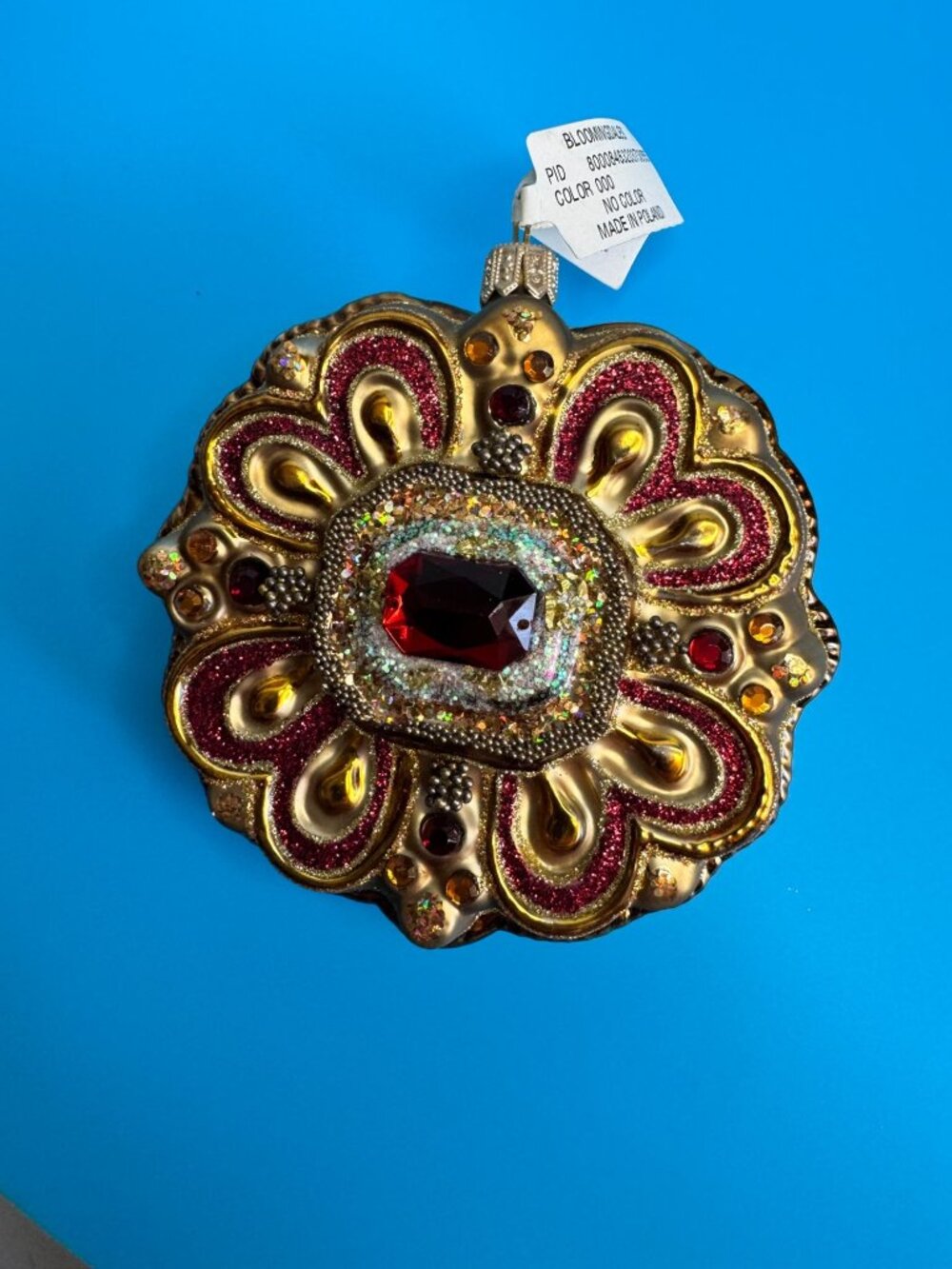 Vintage Polish Glass Jewel Ornament Bloomingdales Ruby Glitter Medallion 3.5” - Picture 6 of 7